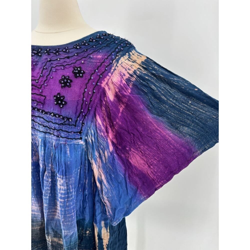 Greater Good Blouse Womens Large/XL Blue Purple Bohemian Beaded Sequins Tie Dye - Picture 3 of 16